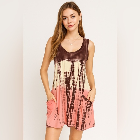 T Party Tie Dye Mini Dress Vintage Y2K Medium Boho Chic Pocket Tank Retro Hippie - Picture 1 of 10